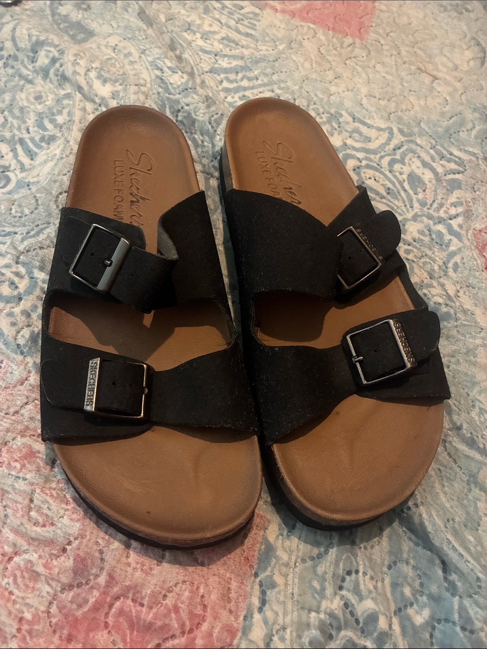 Skechers Black Double-Strap Buckle Slide Sandals with Tan Footbed